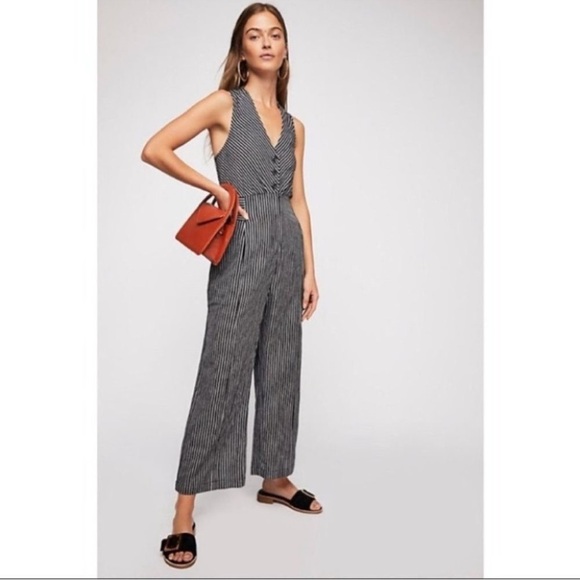 Free People The Liberty Jumpsuits Wide Leg Cotton Black White Striped Size 0 - Picture 6 of 10